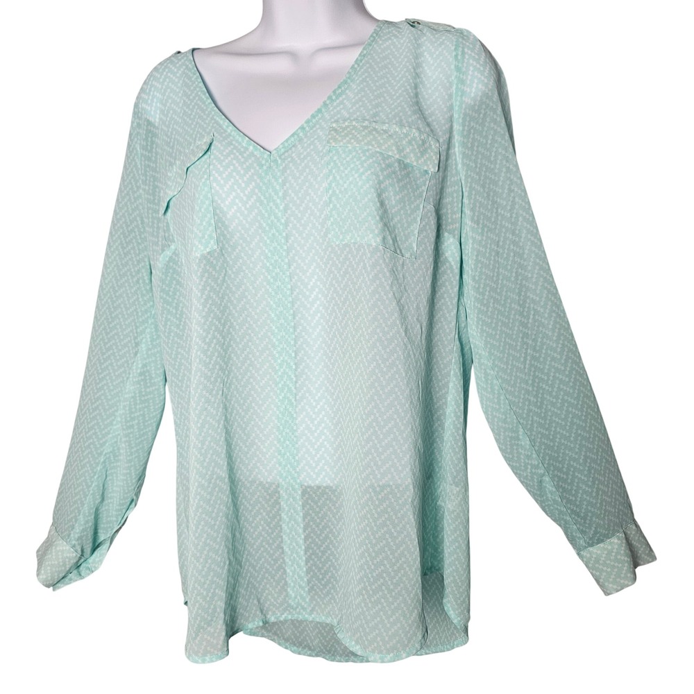 Candies‎ Women Large Mint Green Chevron V-Neck Pocket Top Office Career Sheer